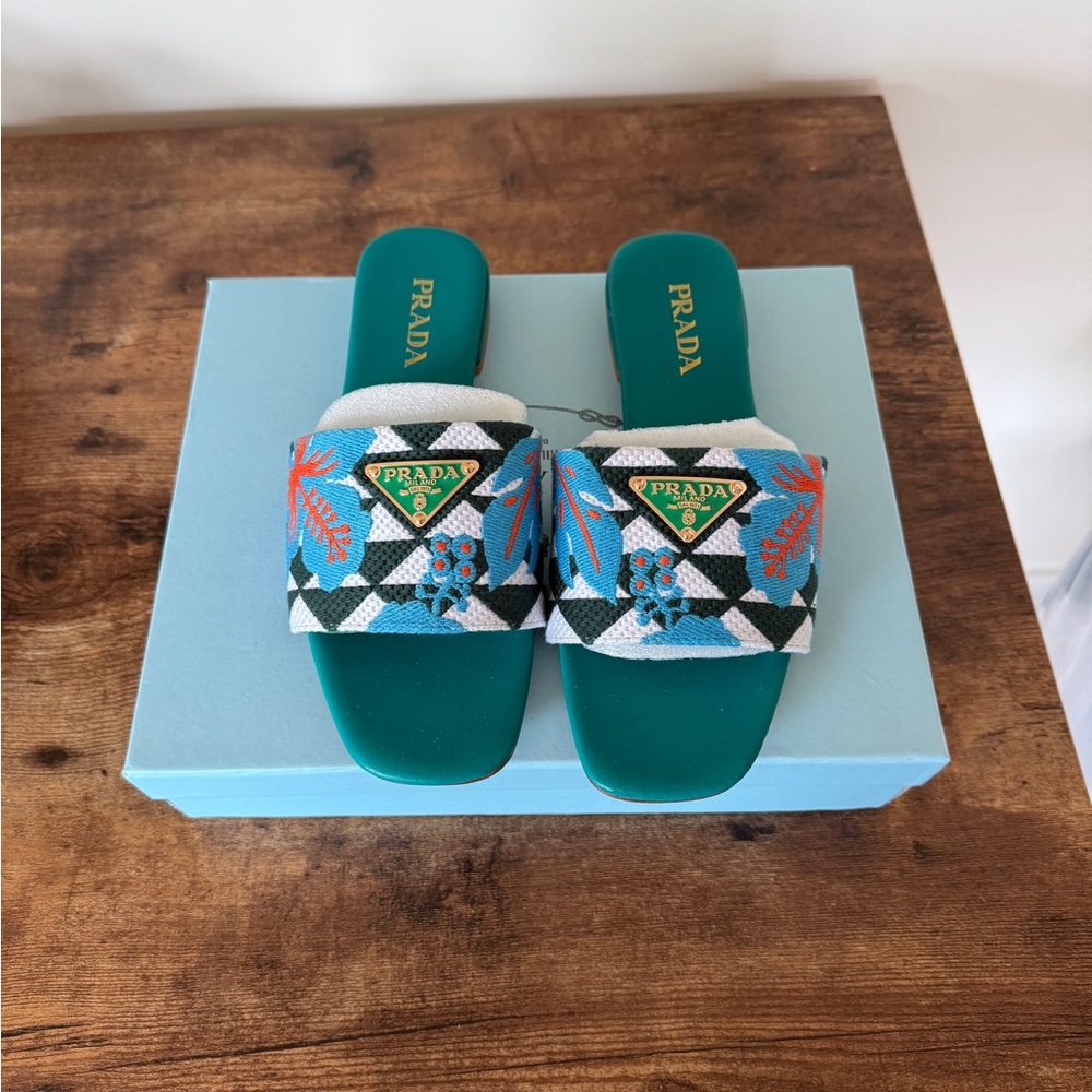 Prada Triangle Jacquard Hibiscus Sandals/Slides